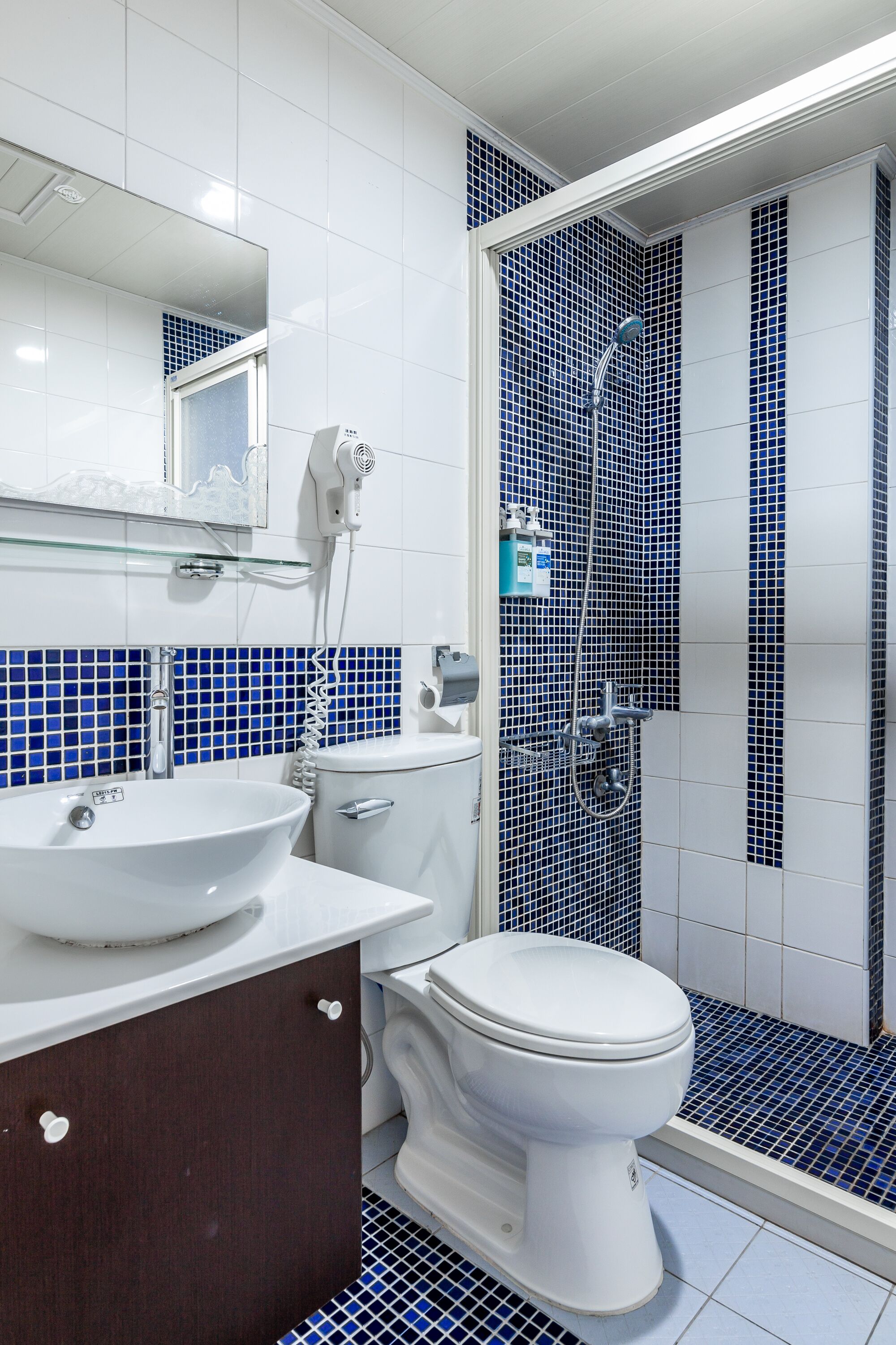 A bathroom with a white sink, a toilet, and a shower with blue mosaic tiles.