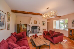 Smart TV, caminetto, libri