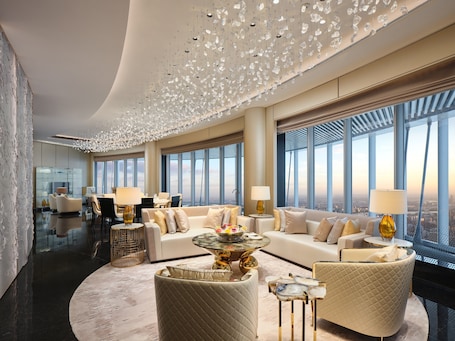 Shanghai Suite | Premium bedding, down comforters, pillowtop beds, free minibar items. J Hotel, Shanghai Tower