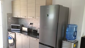 A modern kitchen with stainless steel appliances, wooden cabinets, and a built-in washing machine. - Luxury Villa - Private Pool and Wifi Perfect Location for a Holiday! (Paralimni)