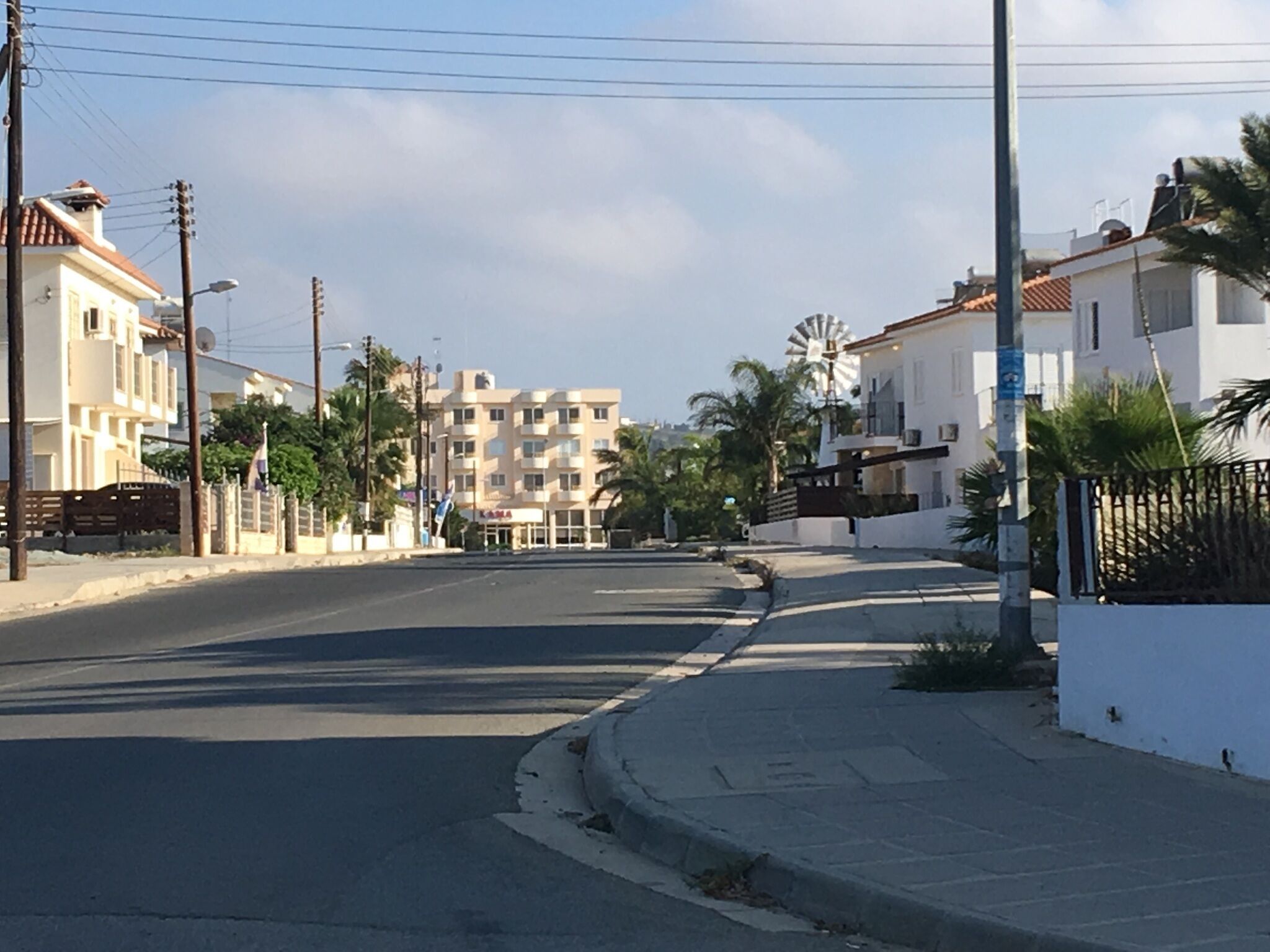A street with buildings, a windmill, and palm trees.