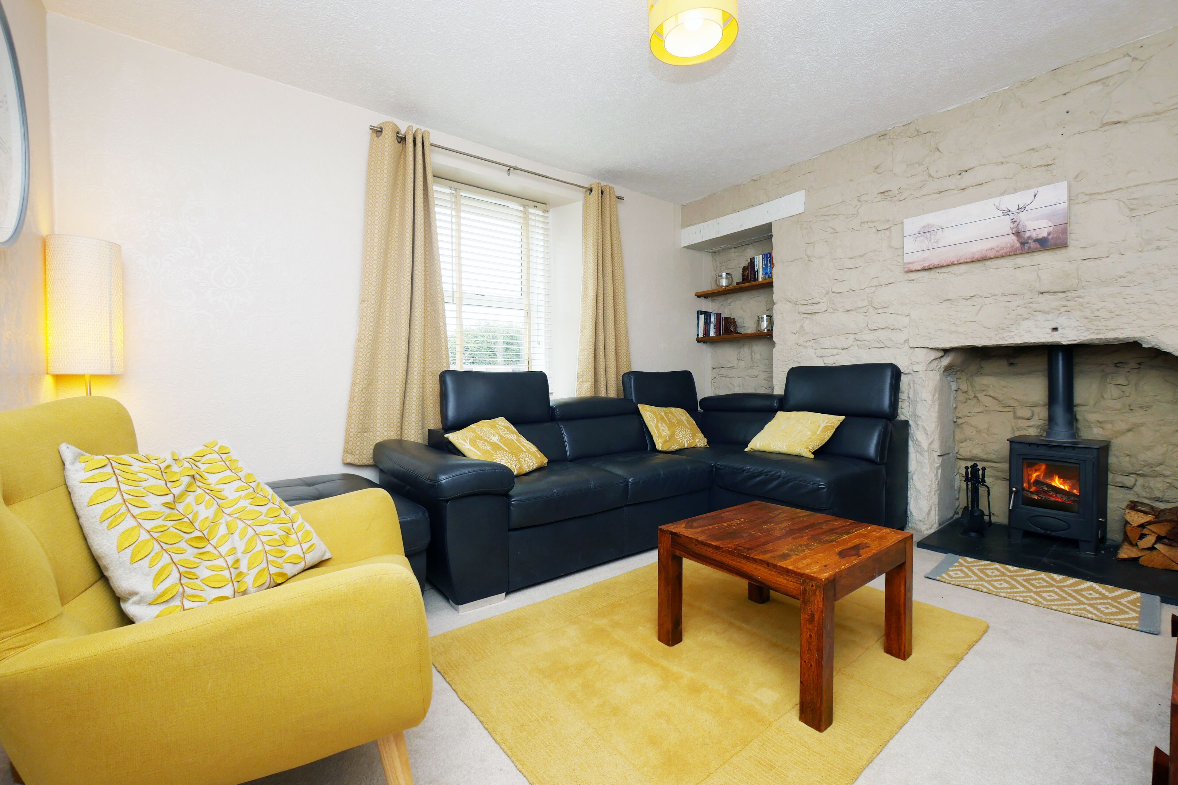 A living room with a sofa, armchair, and a coffee table. There is a fireplace with a log fire and a bookshelf against the wall.