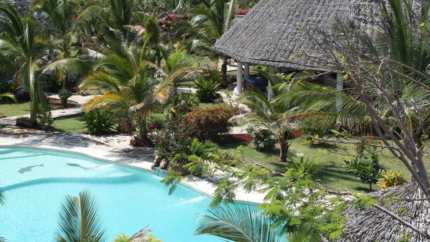 Um resort tropical com piscina cristalina, vegetação exuberante e uma construção com telhado de palha.