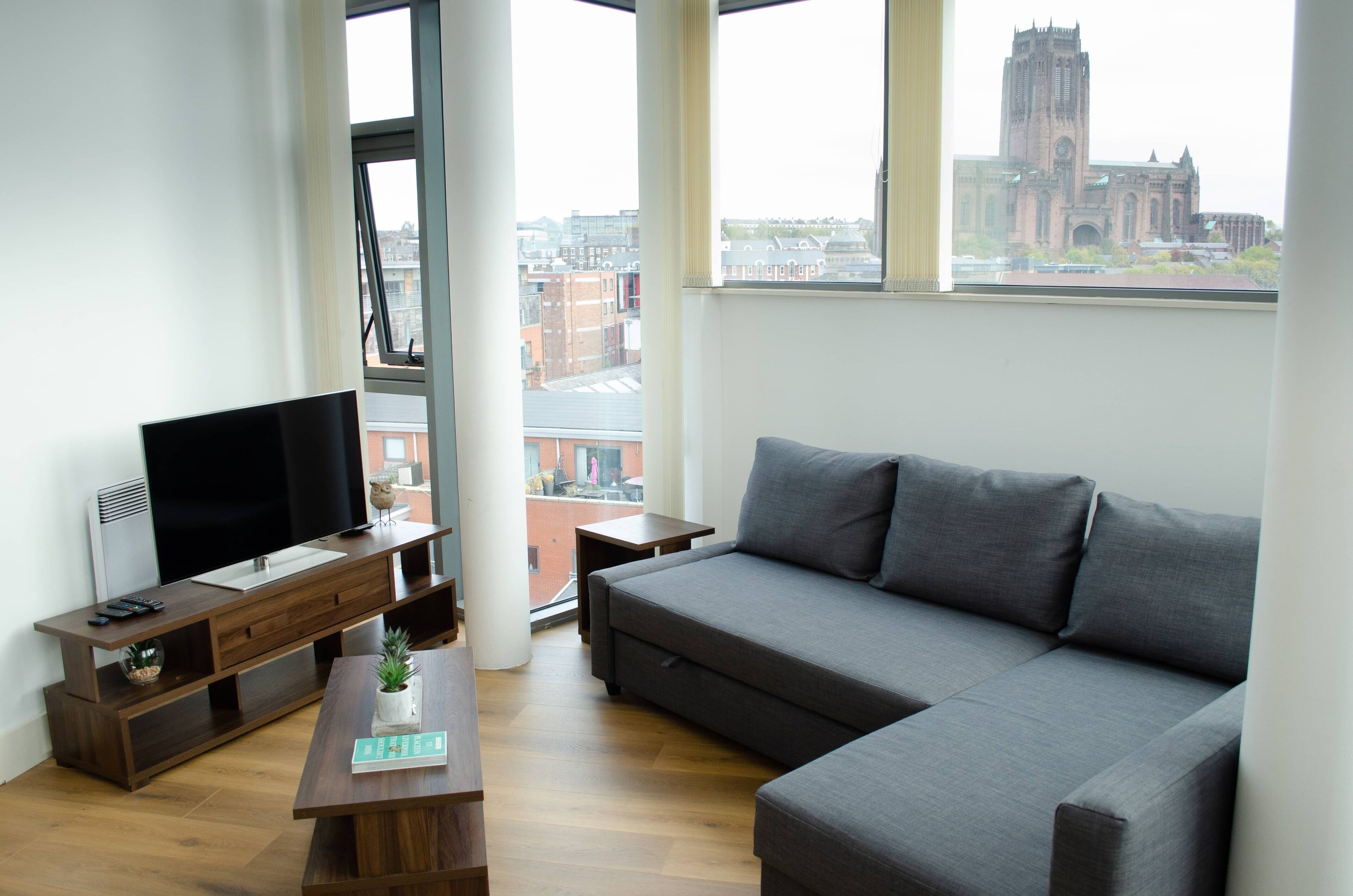 A modern living room with a grey sofa, a wooden coffee table, a flat-screen TV on a wooden stand, and large windows offering a city view.