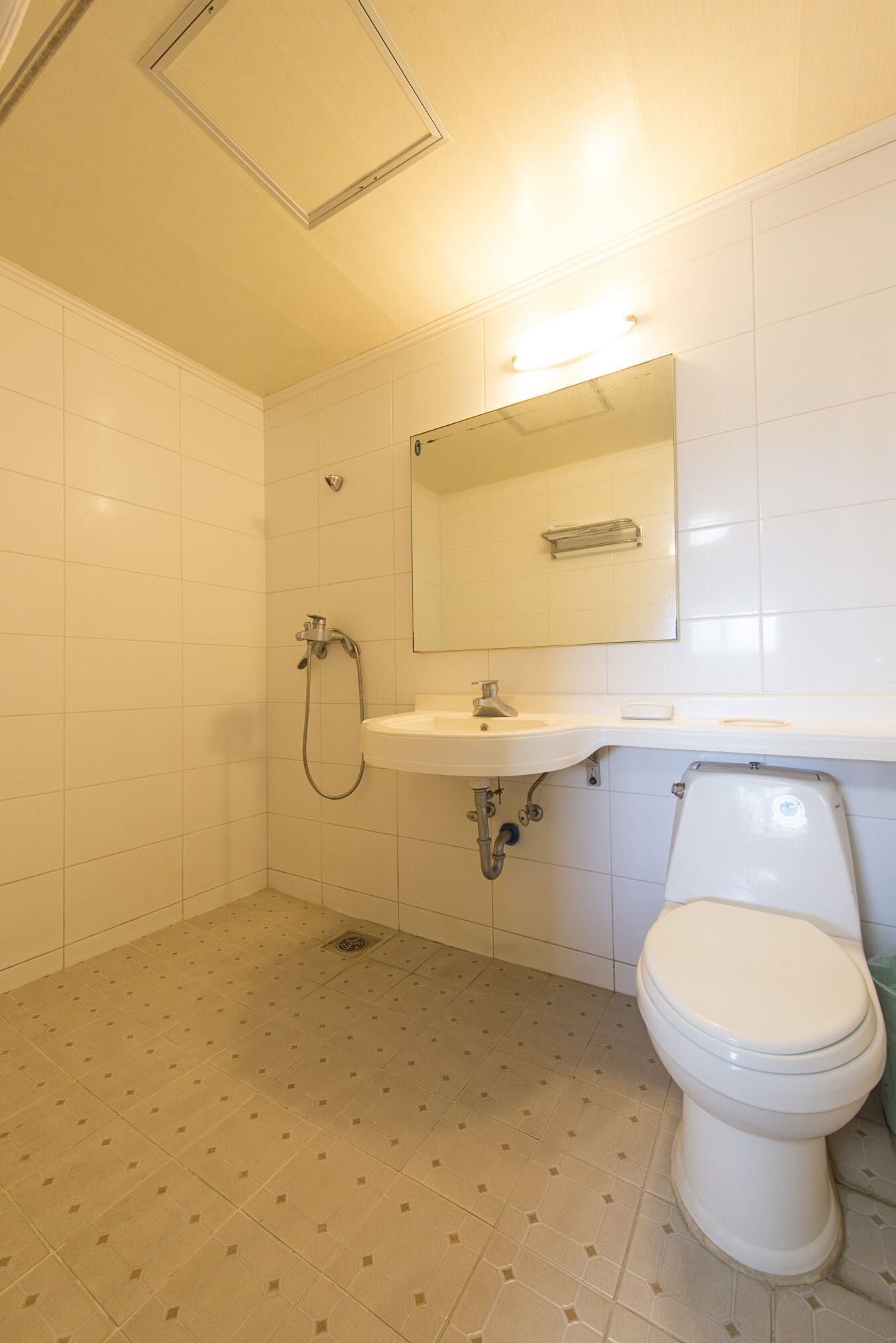 A bathroom with a toilet, sink, and shower.