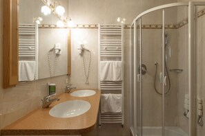 Hair dryer, bidet, towels, soap