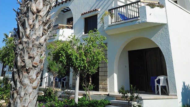 A white building with a balcony and a palm tree in the foreground. - Room-one Bedroom Apartment - Just 800 m (Polis)