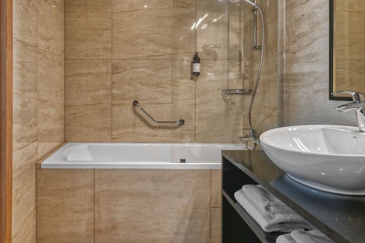 apartment | bathroom | shower, free toiletries, hair dryer, towels