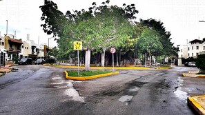 A wet urban street with a roundabout, trees, and residential buildings. - Departament & Pool and Parking Ariany (Playa del Carmen)