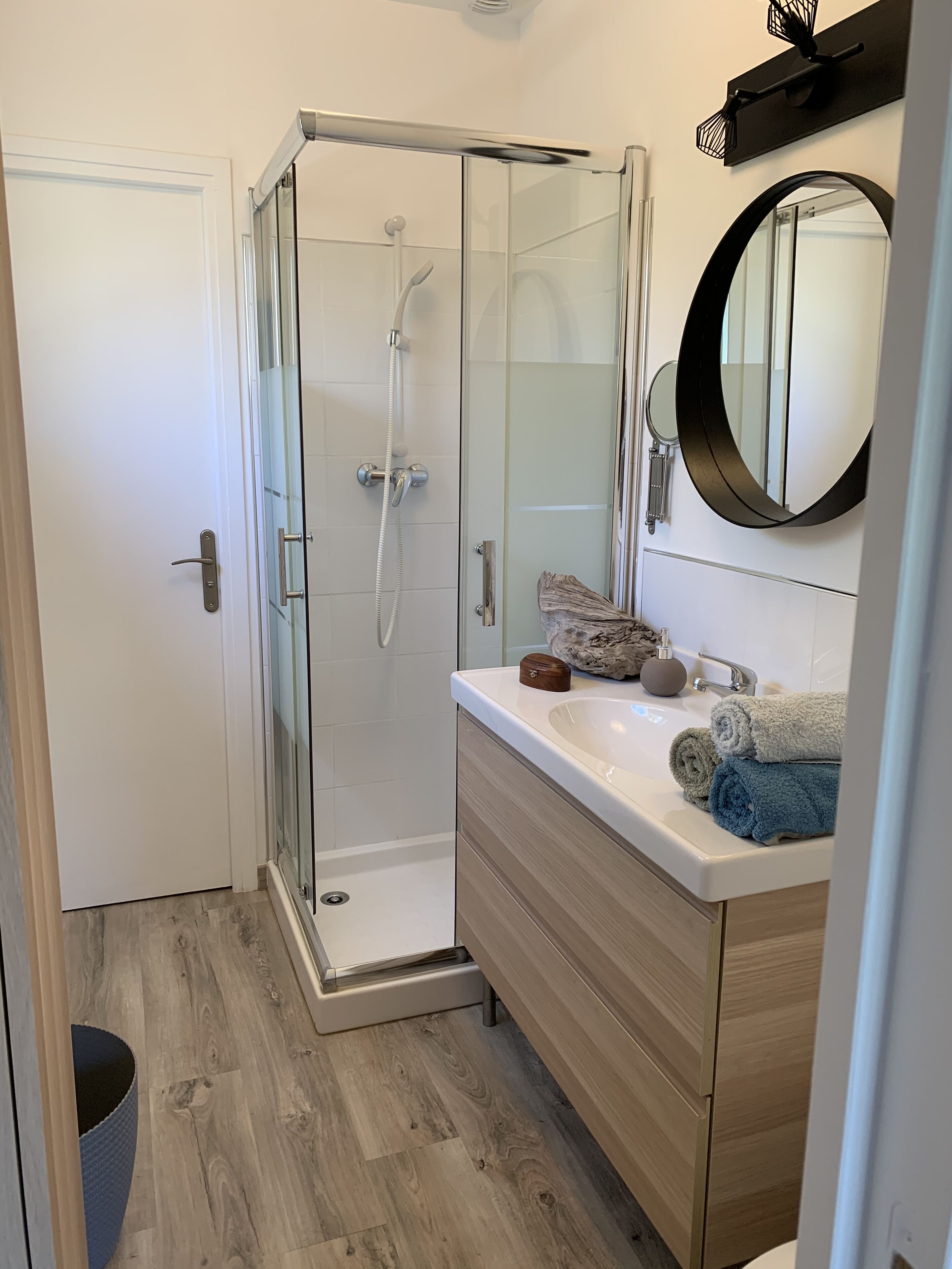 A modern bathroom with a glass shower enclosure, a white sink with a mirror, and wooden cabinetry.