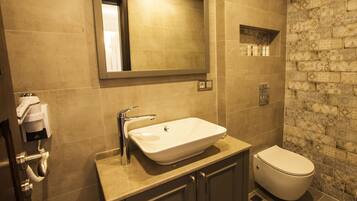 Un baño con un espejo grande, un lavamanos, un inodoro y una zona de ducha.