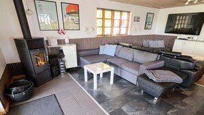A modern living room with a sofa, a coffee table, a fireplace, and a television. - 5 Star Holiday Home in Roslev (Roslev)