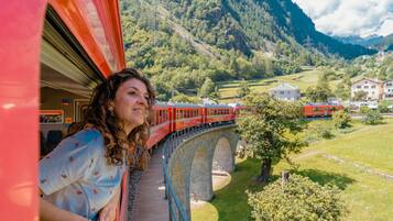 A train passing over a stone bridge with a mountainous landscape in the background.