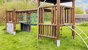 A wooden play structure with a climbing net and a ladder.