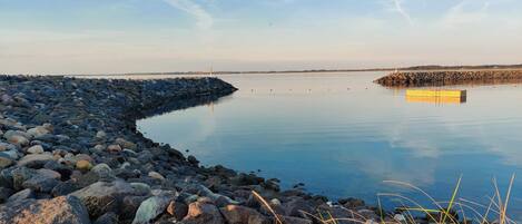 A calm body of water with a rocky shoreline, a wooden dock, and a distant wind farm.