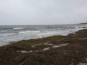 Paisagem costeira com ondas quebrando em uma praia rochosa.