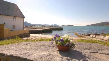 A coastal view with a white building, a stone pier, and a flower pot on a rock.