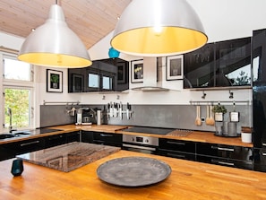 A modern kitchen with black cabinets, stainless steel appliances, and pendant lighting. - 5 Star Holiday Home in Tarm (Tarm)