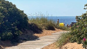 A wooden boardwalk leading to a beach with sand dunes and dense vegetation.