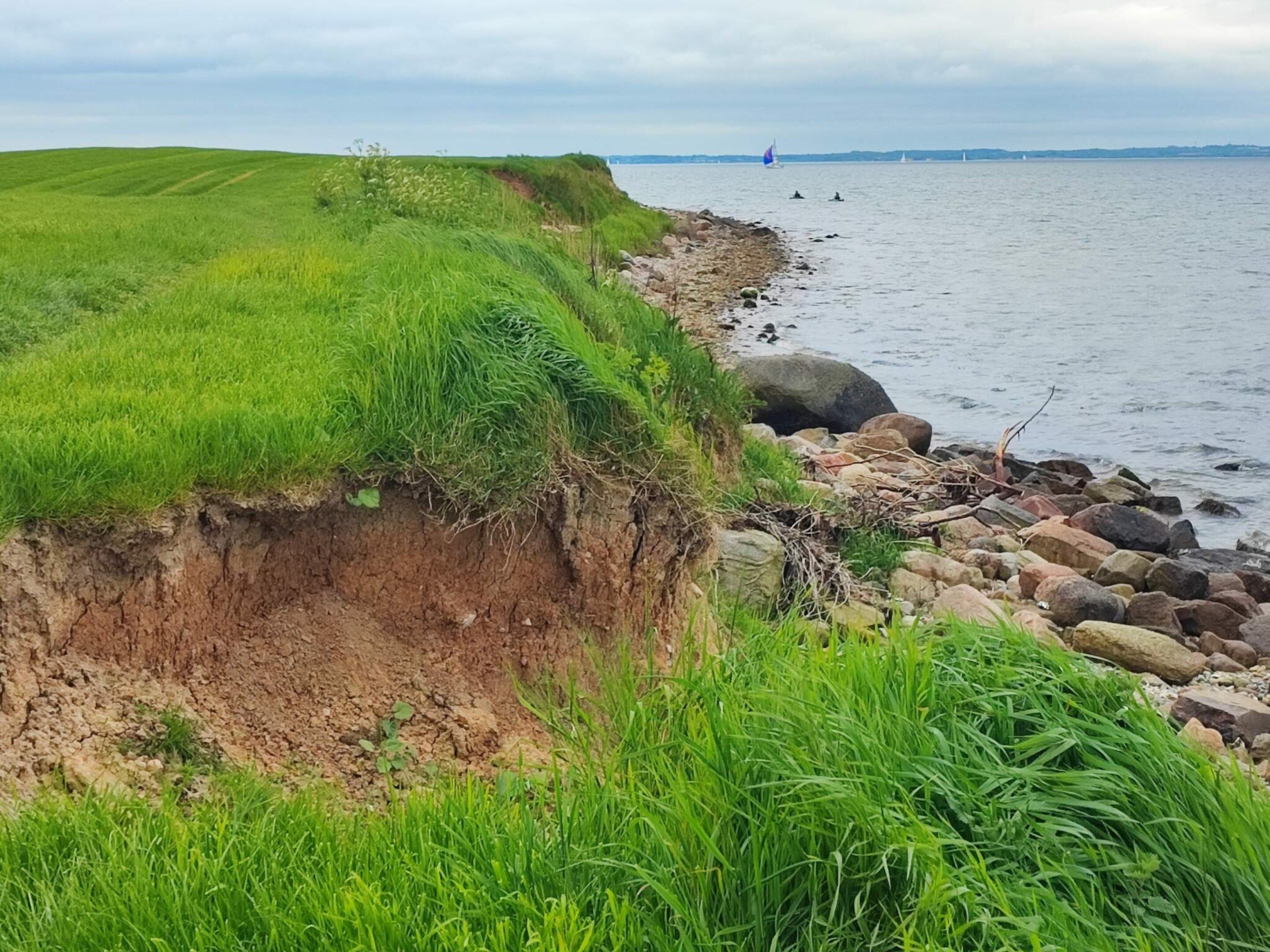 A coastal landscape with a grassy cliff, rocky shoreline, and calm sea.