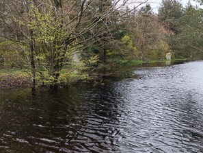 A river with trees on the banks, a bench, and a picnic table. - 5 Star Holiday Home in Oksbol (Oksbol)
