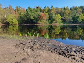 A natural landscape with a calm lake, trees, and a dirt path. - 5 Star Holiday Home in Oksbol (Oksbol)