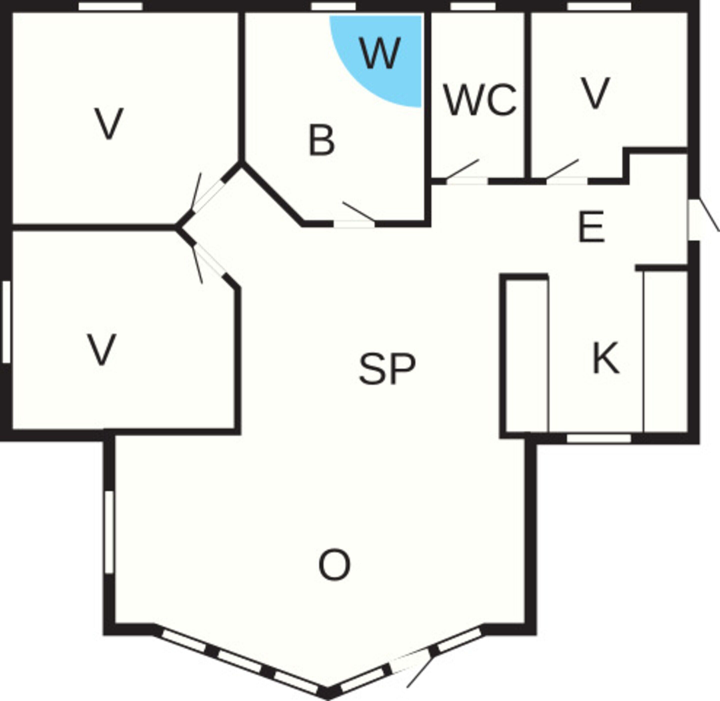 Grundriss eines Hotels mit mehreren Räumen, die mit V, B, WC, SP, E, K und O gekennzeichnet sind.