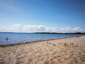 En sandstrand med stilla vatten, en klar himmel och land i fjärran.