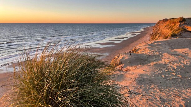 A beach with sand, grass, and a clear sky.