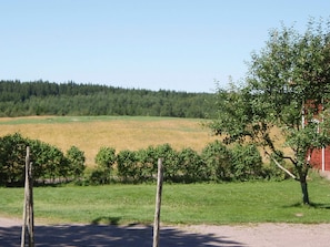 Ländliche Landschaft mit einem Feld, einem Zaun und einem Baum.