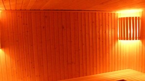 Un sauna avec des murs et des bancs en bois.