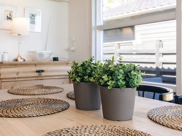 A dining table with woven placemats, two potted plants, and a view of a house through a window.