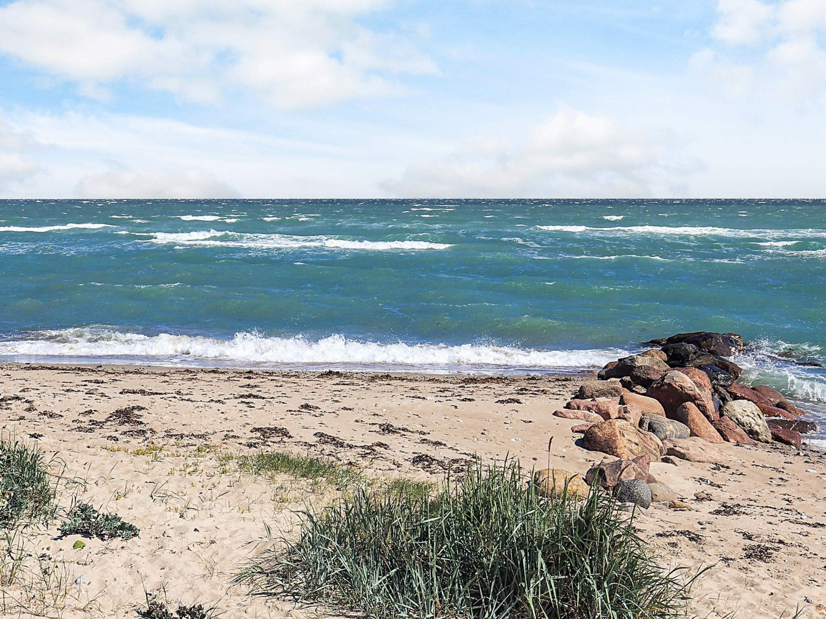 A beach with waves, rocks, and sparse vegetation.