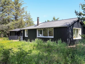 A black cabin with a metal roof, surrounded by dense greenery and trees. - 6 Person Holiday Home in Albaek (Aalbaek)