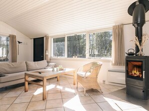 A cozy living room with a sofa, a table, a chair, a fireplace, and large windows. - 6 Person Holiday Home in Albaek (Aalbaek)