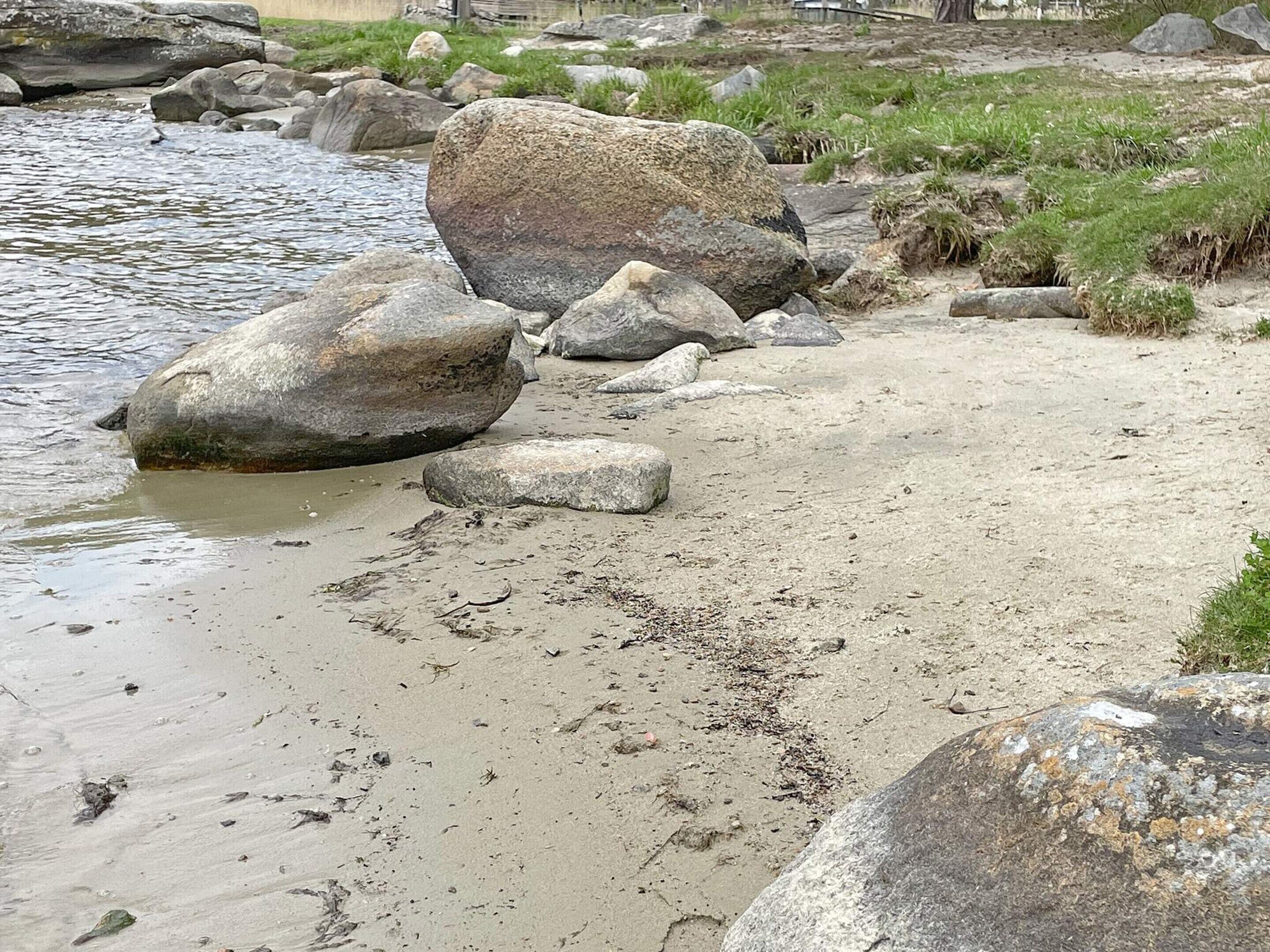 A natural landscape with a river, large rocks, and grassy areas.