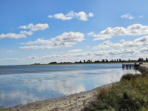 Un lago tranquilo con un muelle de madera que se adentra en el agua, rodeado de orillas cubiertas de hierba y árboles a lo lejos.