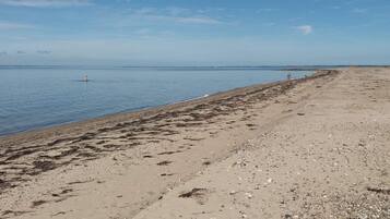 Una playa con arena y agua tranquila.