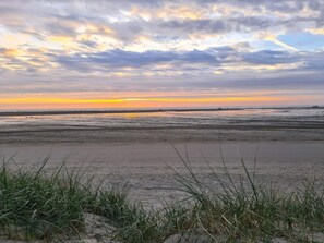 A beach with sand and grass in the foreground, and a sunset in the background. - 6 Person Holiday Home in Fano (Fano)
