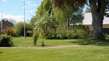 Een gazon met bomen en een gebouw op de achtergrond.