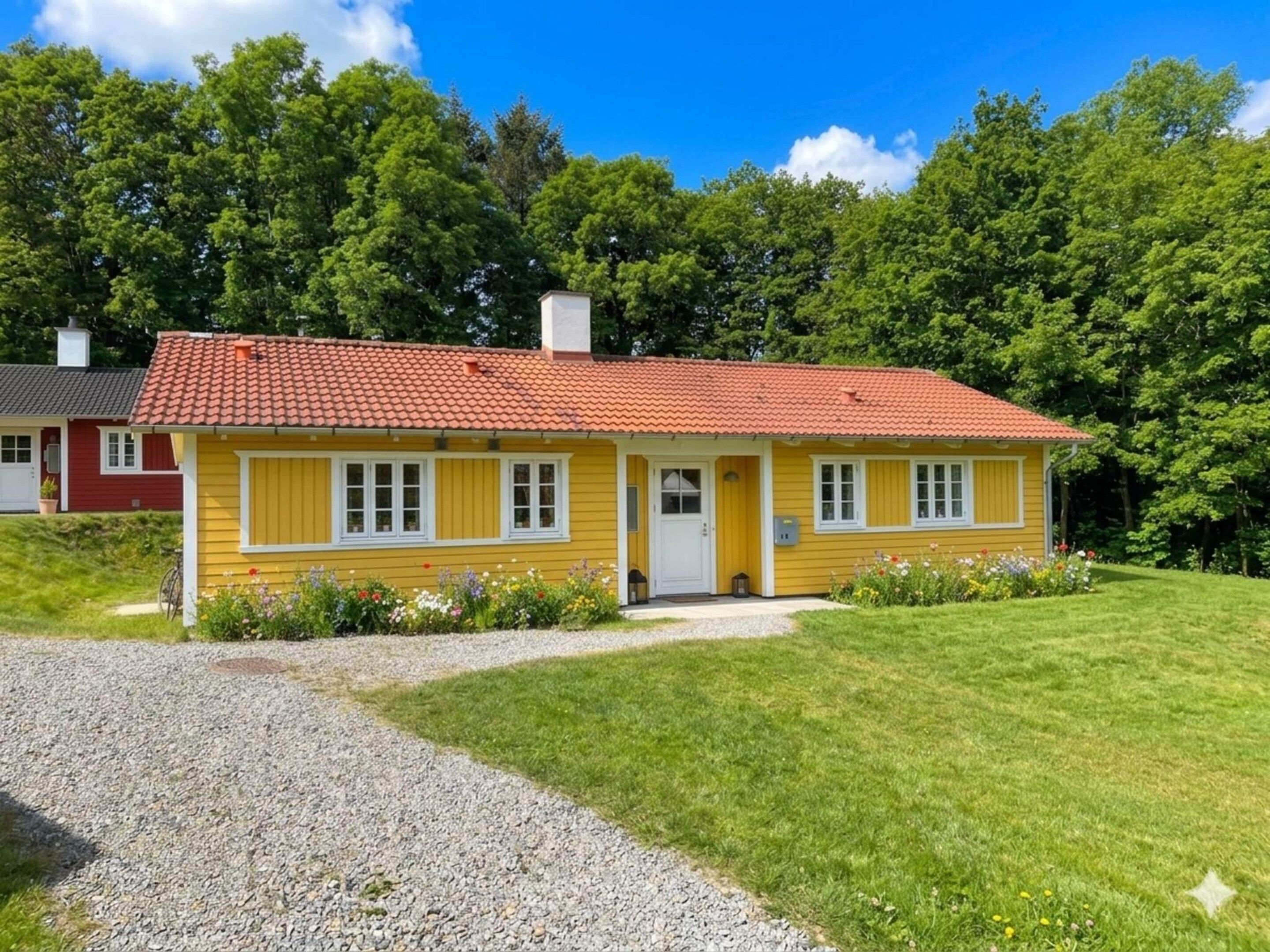 Ein gelbes Haus mit rotem Dach, einer Schotterauffahrt und einem Rasen.
