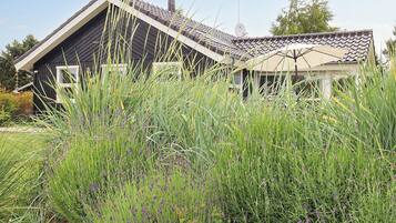 Una casa con techo inclinado y chimenea, rodeada de pastos altos y lavanda.