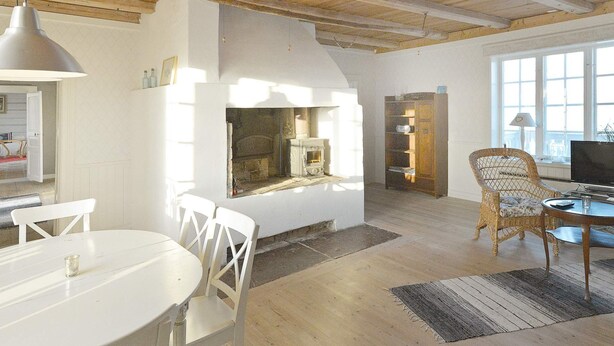 A spacious living area with a fireplace, a dining table with chairs, a wicker chair, and a television. - 6 Person Holiday Home in Hova (Hova)
