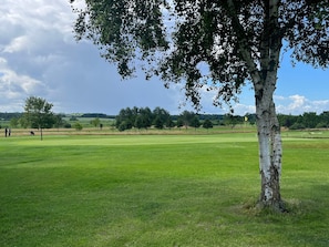 A golf course with a large tree in the foreground, a clear sky, and distant trees and hills. - 4 Star Holiday Home in Sydals (Sydals)