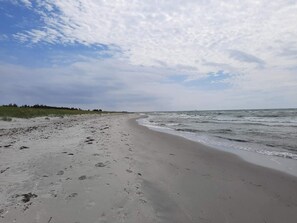 A beach with a sandy shore, waves, and a grassy dune in the background. - 5 Star Holiday Home in Ebeltoft (Ebeltoft)