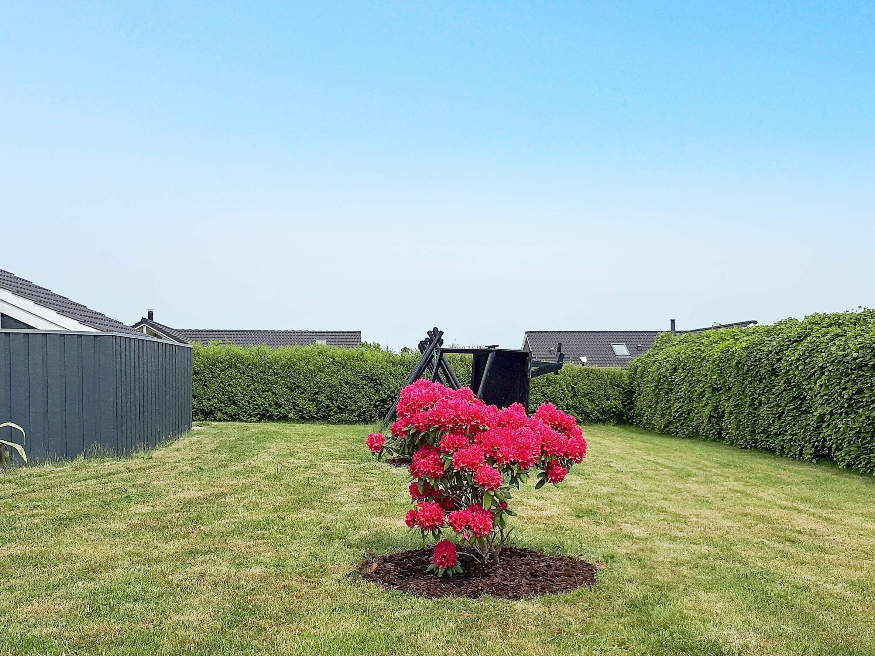 Ein Garten mit Blumenbeet und Gartenhaus.