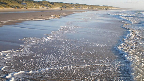 Une plage où les vagues viennent lécher le rivage, une plage de sable et une dune qui se dessine à l’horizon.