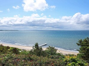 A beach with a pier extending into the water, surrounded by greenery. - 6 Person Holiday Home in Spottrup (Spøttrup)