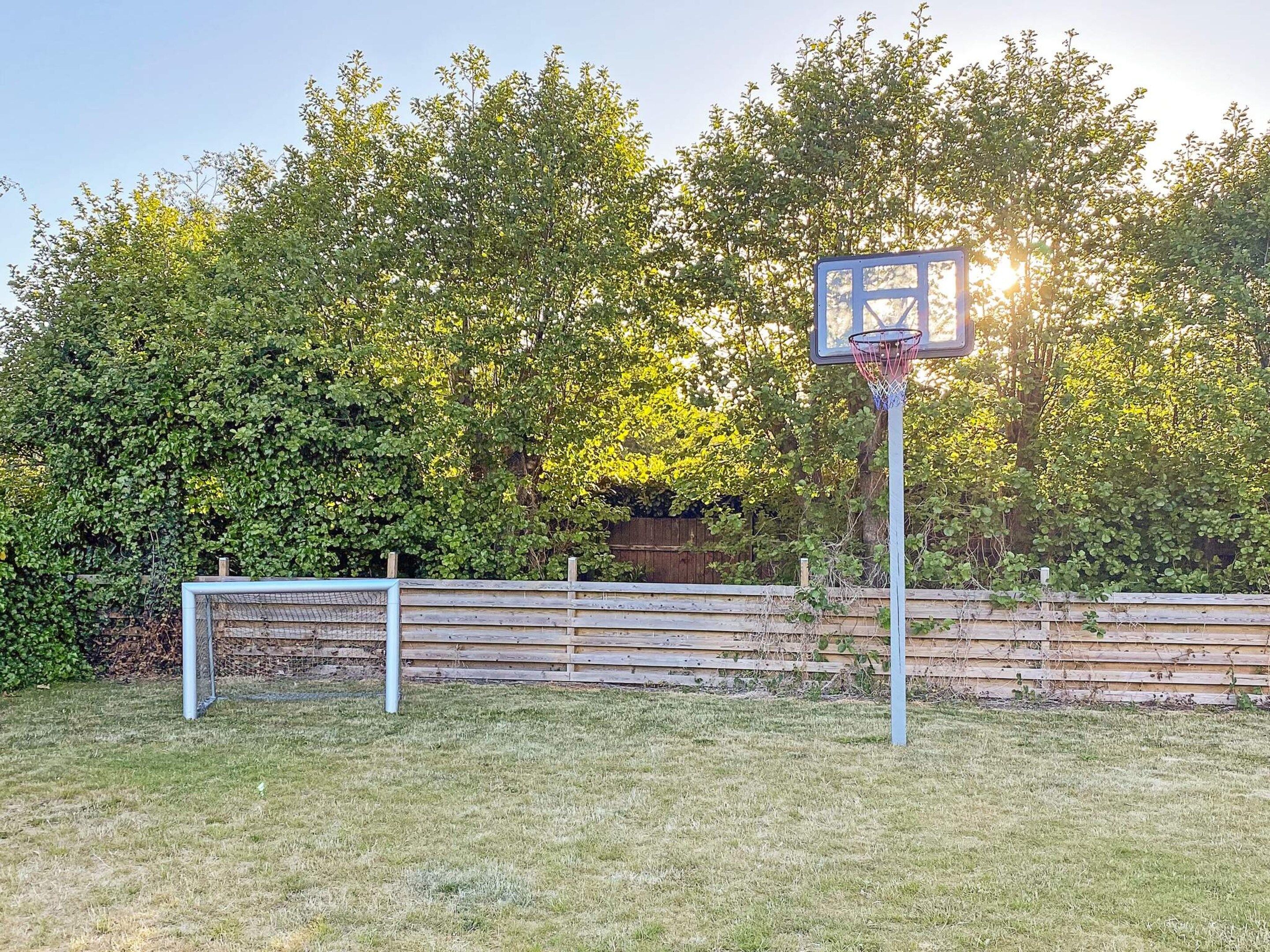 A basketball hoop in a backyard with a wooden fence and trees in the background.