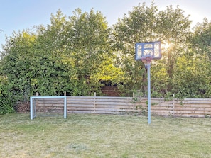 Um cesto de basquete em um quintal com cerca de madeira e árvores ao fundo.